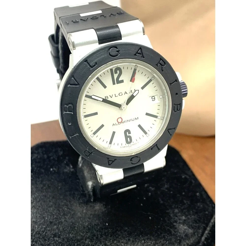 Bvlgari Men's Watch AL38A Aluminum Swiss Automatic Silver Dial Black Rubber 38mm